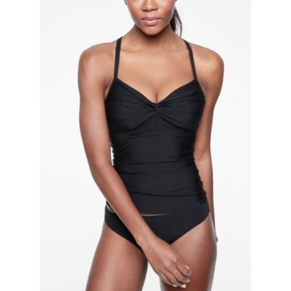 Athleta Twist Up Tankini Top Quick Dry Swimwear Lined Stretch Black Sz 32D - Picture 1 of 9